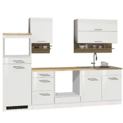 Held Küchenzeile Ragnar 270cm mit Platz für Mikrowelle, Kühlschrank und Backofen - hochglänzend weiß