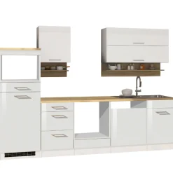 Held Küchenzeile Ragnar 280cm mit Platz für Mikrowelle, Kühlschrank, Backofen und Geschirrspüler - Hochglanz weiß