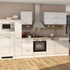 Held Küchenzeile Ragnar 310cm mit Platz für Mikrowelle, Kühlschrank, Backofen und Geschirrspüler - Hochglanz weiß