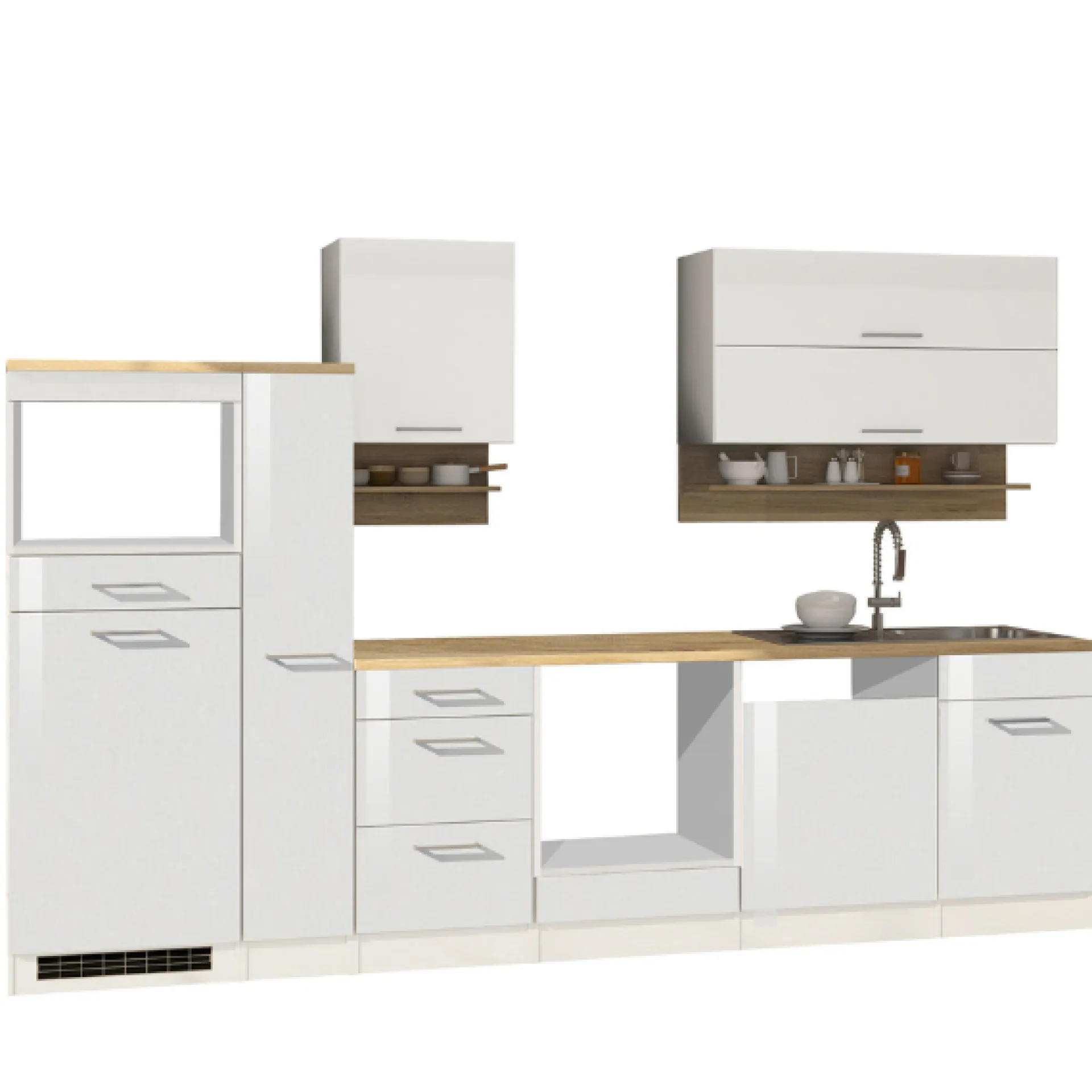 Held Küchenzeile Ragnar 310cm mit Platz für Mikrowelle, Kühlschrank, Backofen und Geschirrspüler - Hochglanz weiß