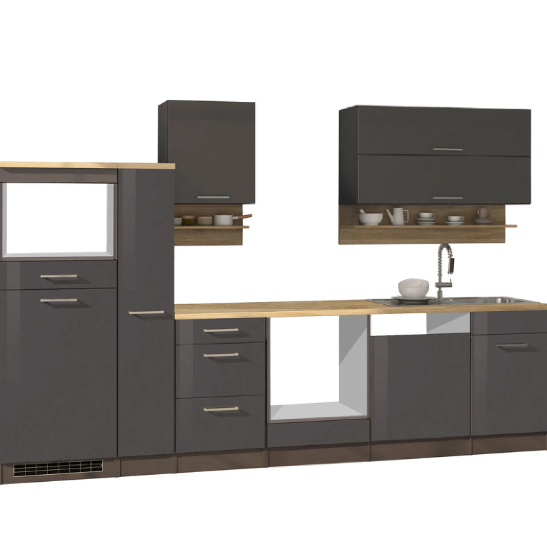 Held Küchenzeile Ragnar 310cm mit Platz für Mikrowelle, Kühlschrank, Backofen und Geschirrspüler - hochglanz