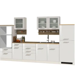 Held Küchenzeile Ragnar 330cm mit Platz für Backofen, Mikrowelle und Kühlschrank - hochglänzend weiß