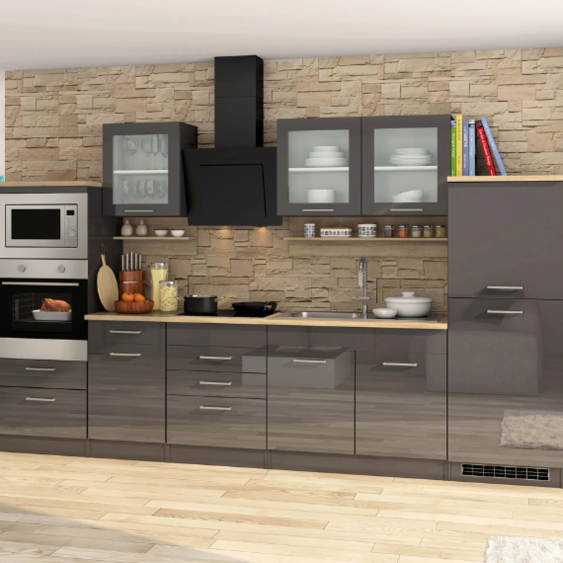 Held Küchenzeile Ragnar 330cm mit Platz für Backofen, Mikrowelle und Kühlschrank - Hochglanz