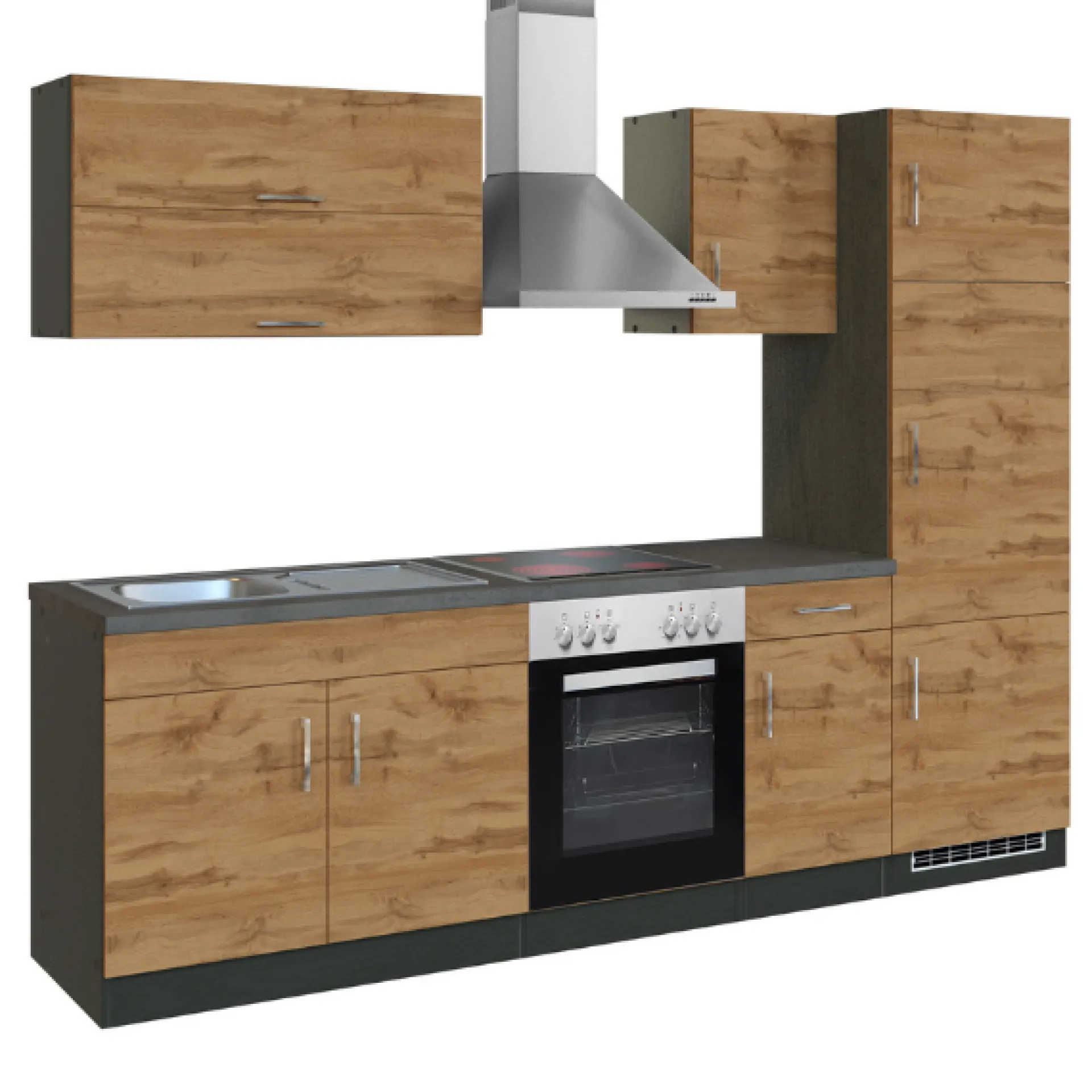 Held Küchenzeile Sorrella 270cm mit Backofen und Kühlschrank - Eiche/Graphit