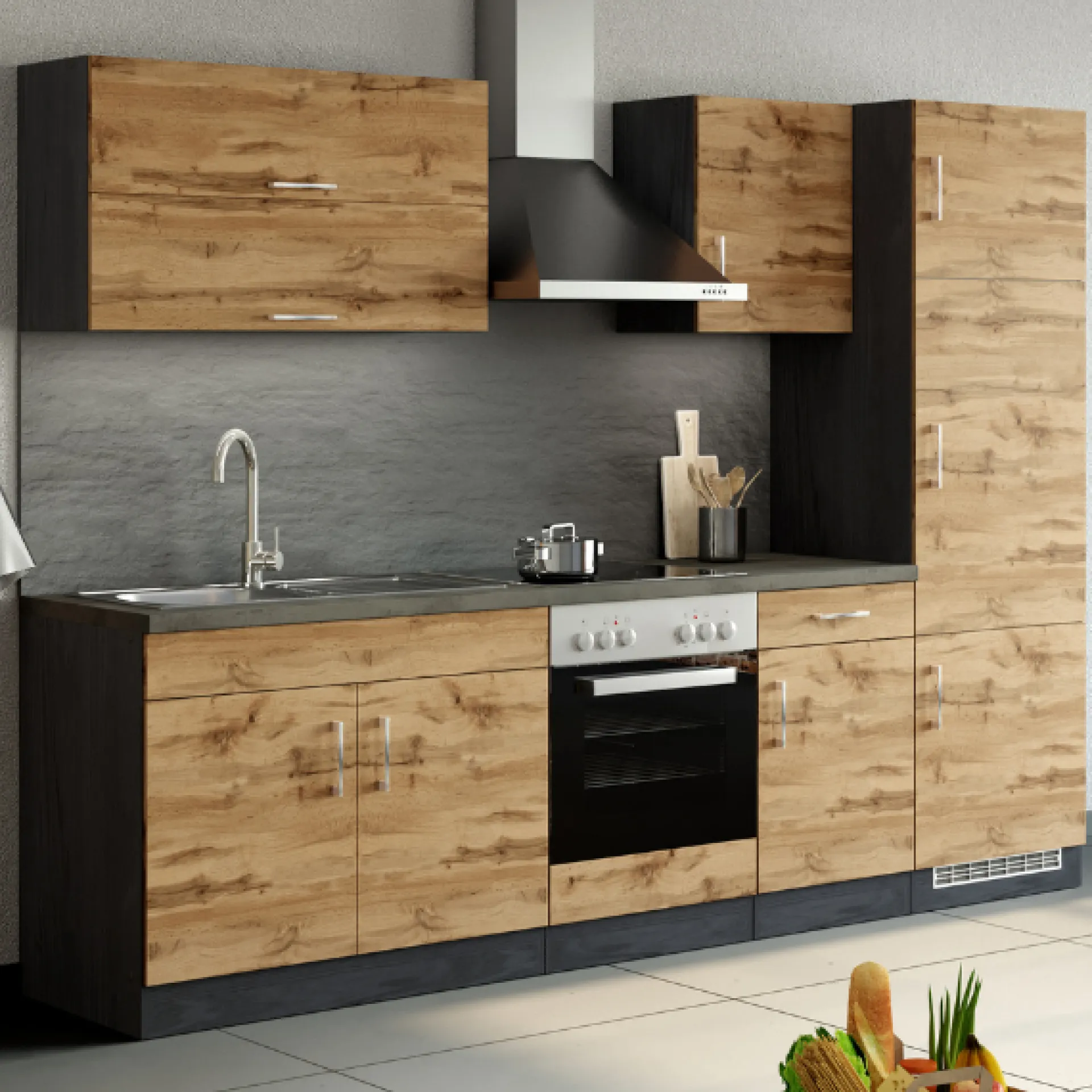 Held Küchenzeile Sorrella 270cm mit Backofen und Kühlschrank - Eiche/Graphit
