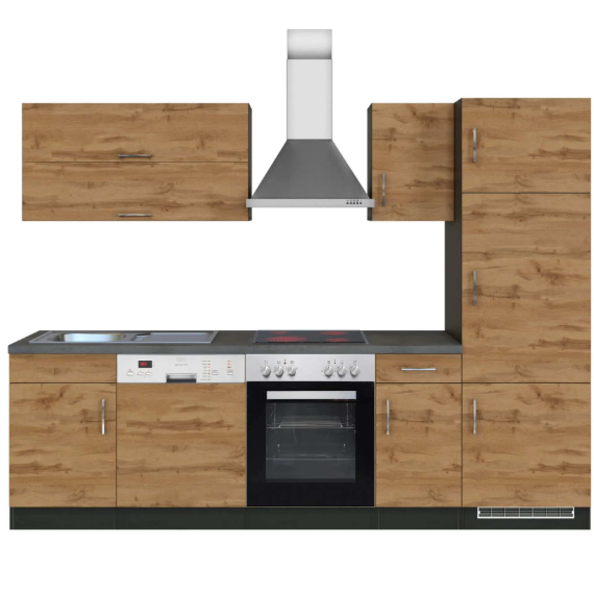 Held Küchenzeile Sorrella 270cm mit Backofen, Geschirrspüler und Kühlschrank - Eiche/Graphit