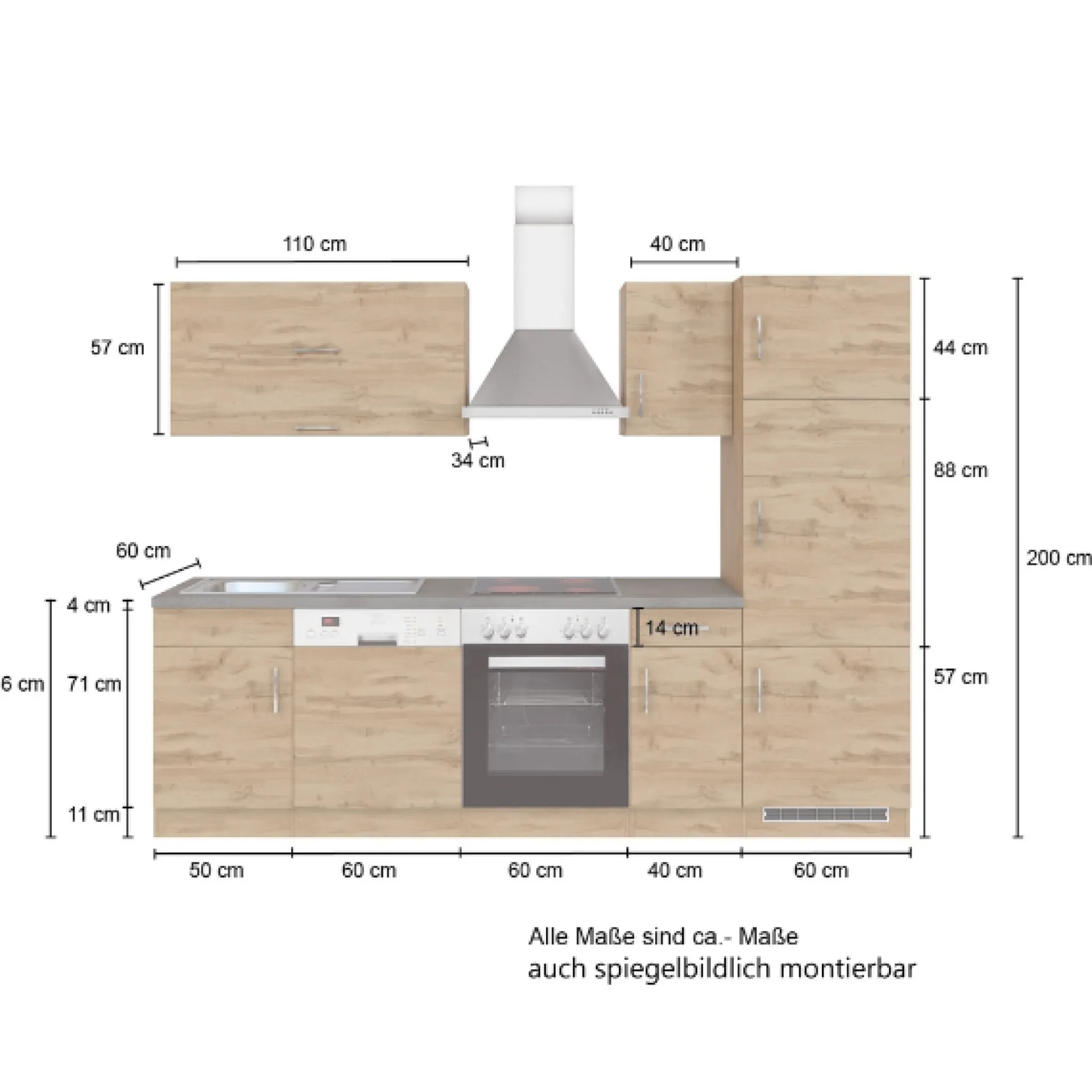 Held Küchenzeile Sorrella 270cm mit Backofen, Geschirrspüler und Kühlschrank - Eiche/Graphit