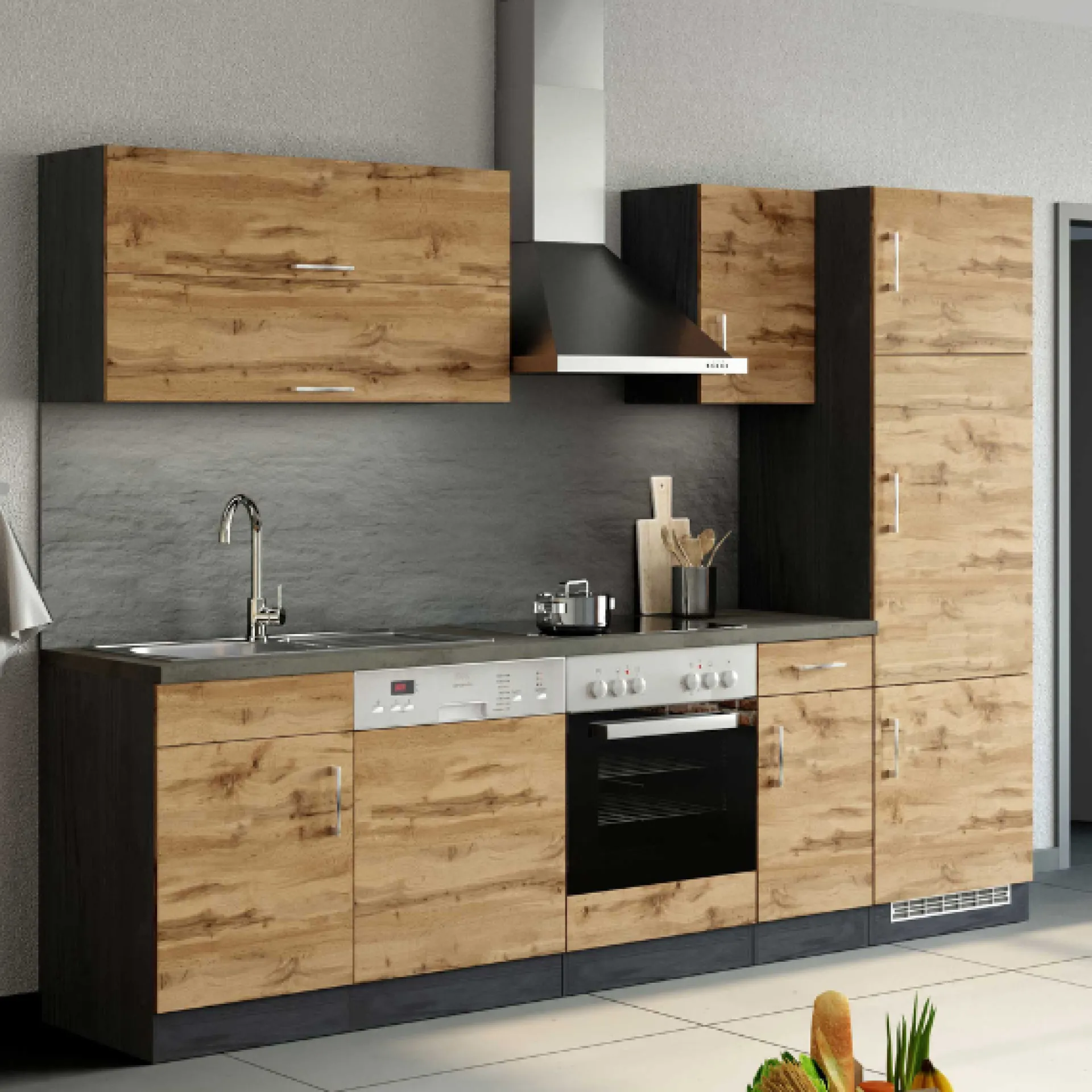 Held Küchenzeile Sorrella 270cm mit Backofen, Geschirrspüler und Kühlschrank - Eiche/Graphit