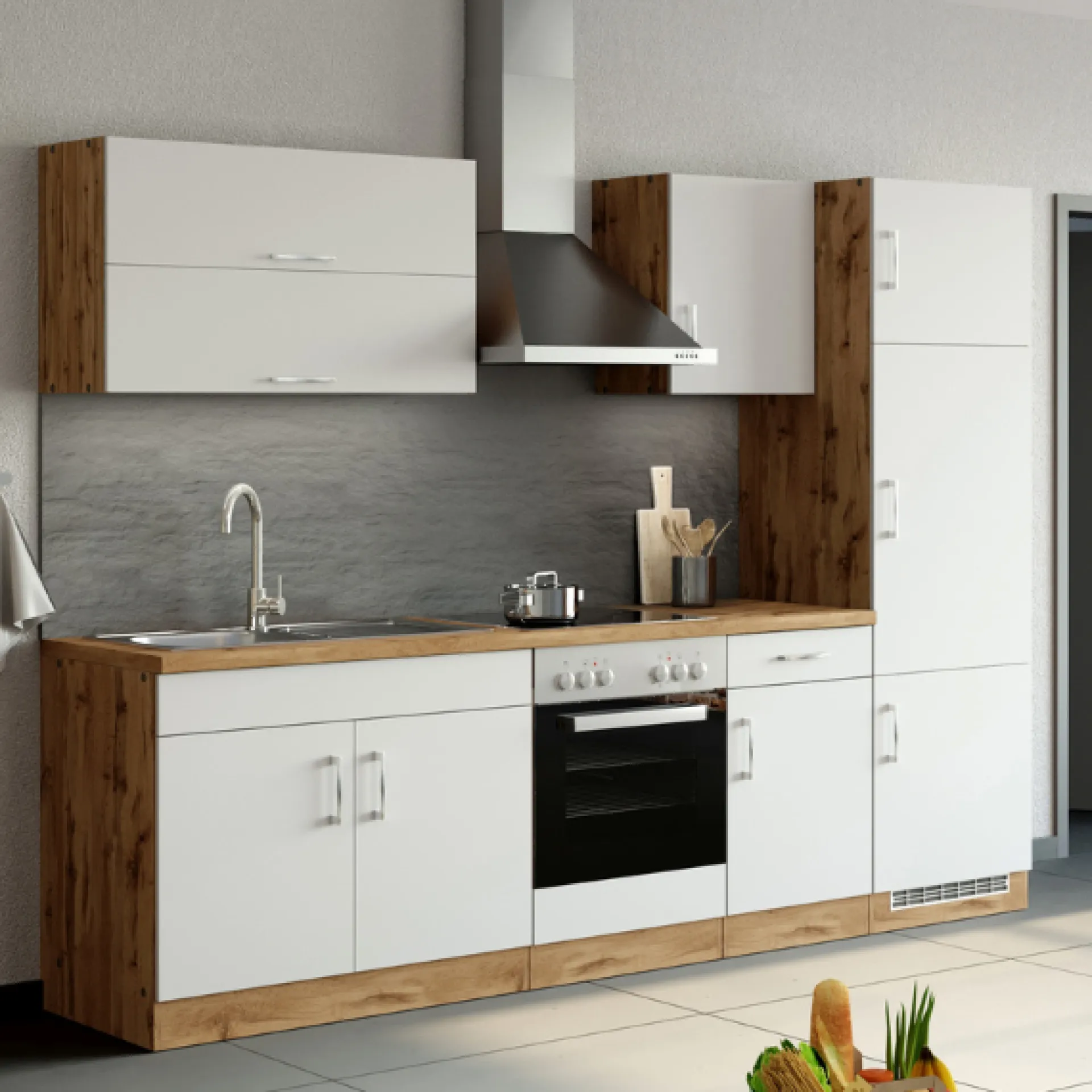 Held Küchenzeile Sorrella 270cm mit Backofen und Kühlschrank - weiß/Eiche