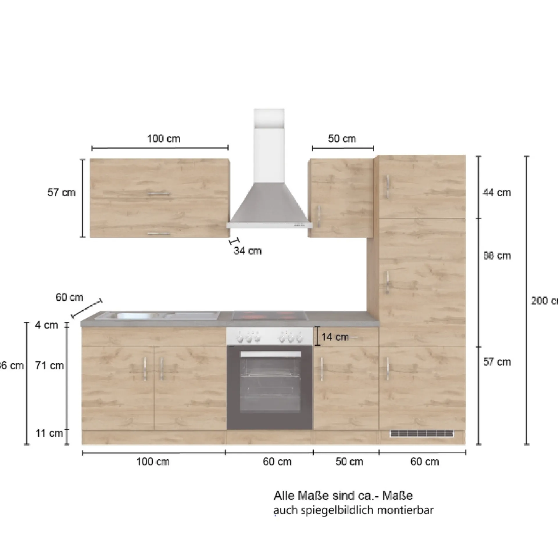 Held Küchenzeile Sorrella 270cm mit Backofen und Kühlschrank - weiß/Eiche