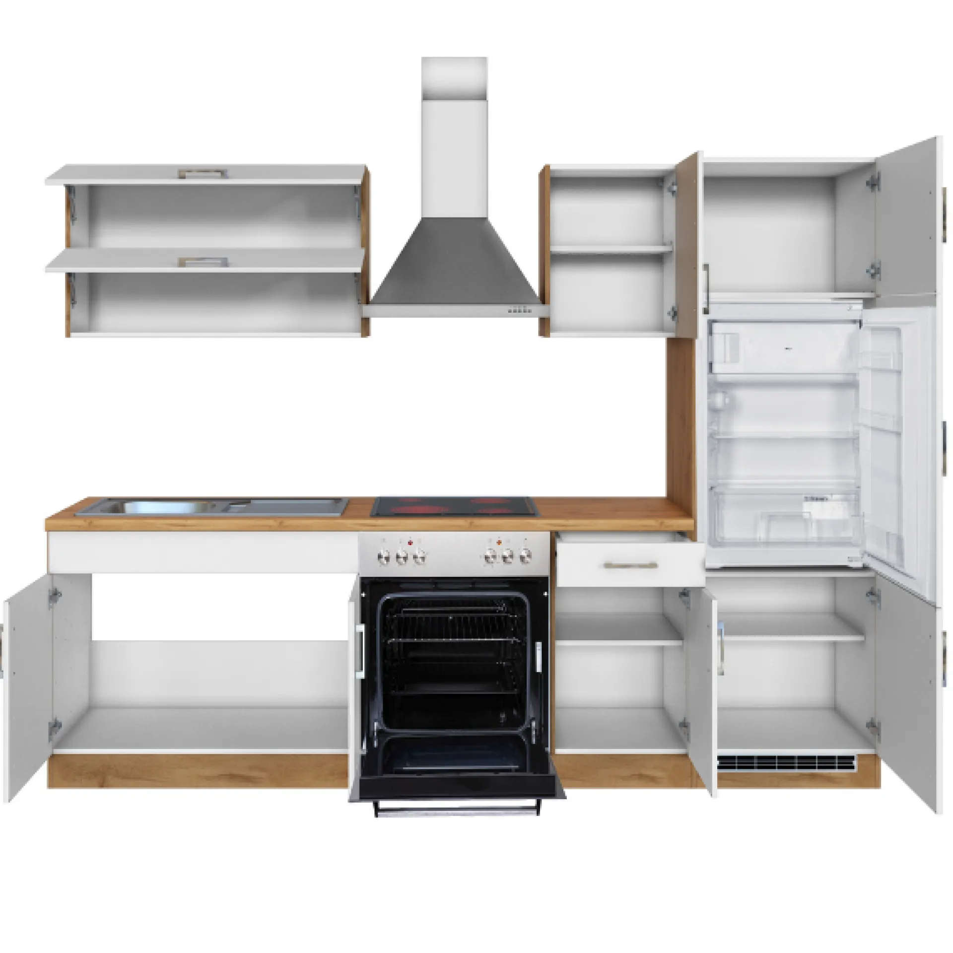 Held Küchenzeile Sorrella 270cm mit Backofen und Kühlschrank - weiß/Eiche