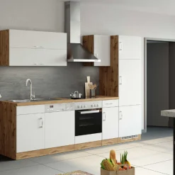 Held Küchenzeile Sorrella 270cm mit Backofen, Geschirrspüler und Kühlschrank - weiß/Eiche
