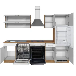 Held Küchenzeile Sorrella 270cm mit Backofen, Geschirrspüler und Kühlschrank - weiß/Eiche