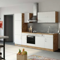 Held Küchenzeile Sorrella 270cm mit Backofen, Geschirrspüler und Kühlschrank - weiß/Eiche