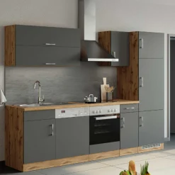 Held Küchenzeile Sorrella 270cm mit Backofen, Geschirrspüler und Kühlschrank - anthrazit/ocker