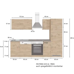 Held Küchenzeile Sorrella 270cm mit Backofen, Geschirrspüler und Kühlschrank - Eiche