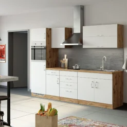 Held Küchenzeile Sorrella 270cm mit Backofen und Kühlschrank - weiß/Eiche