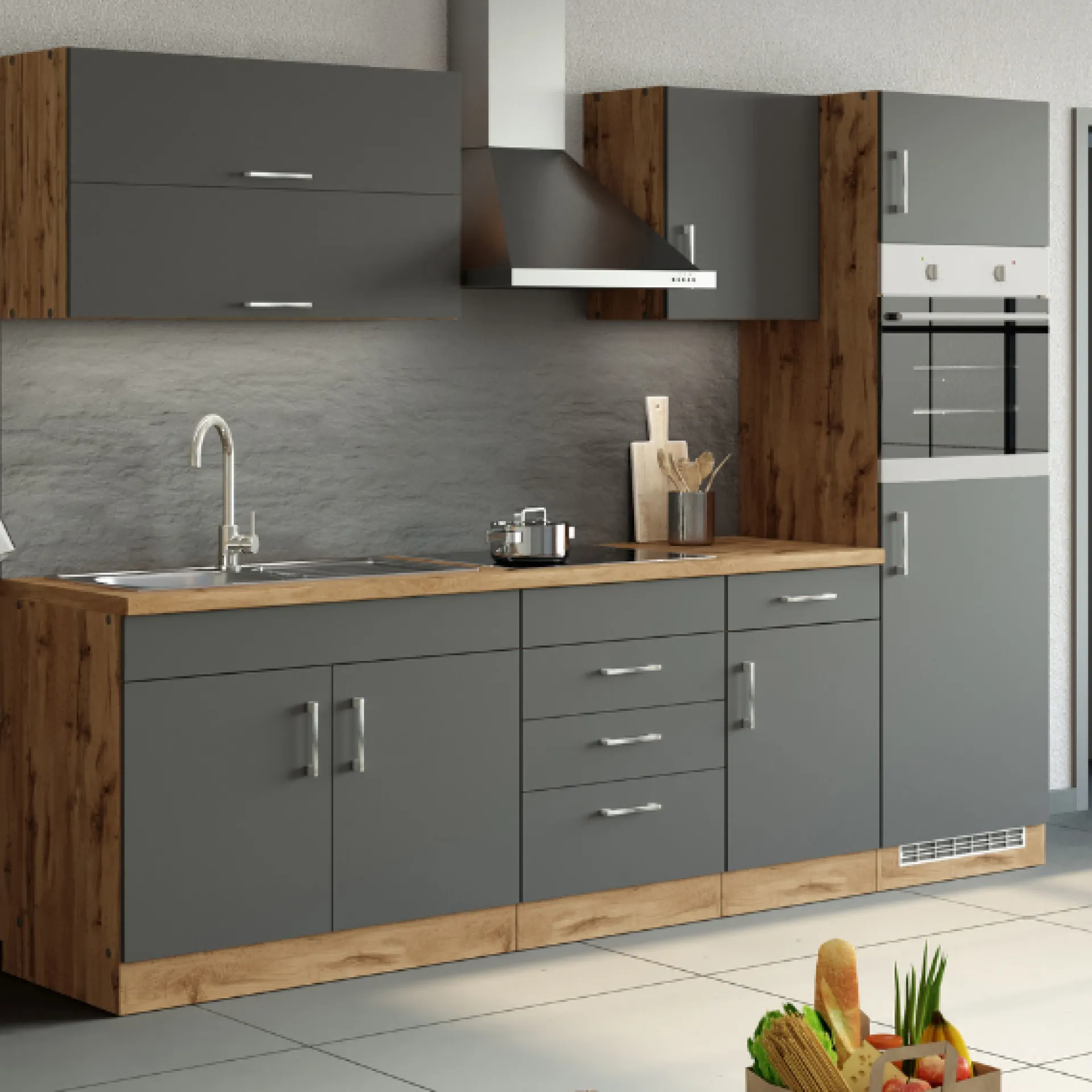 Held Küchenzeile Sorrella 270cm mit Backofen und Kühlschrank - anthrazit/ocker
