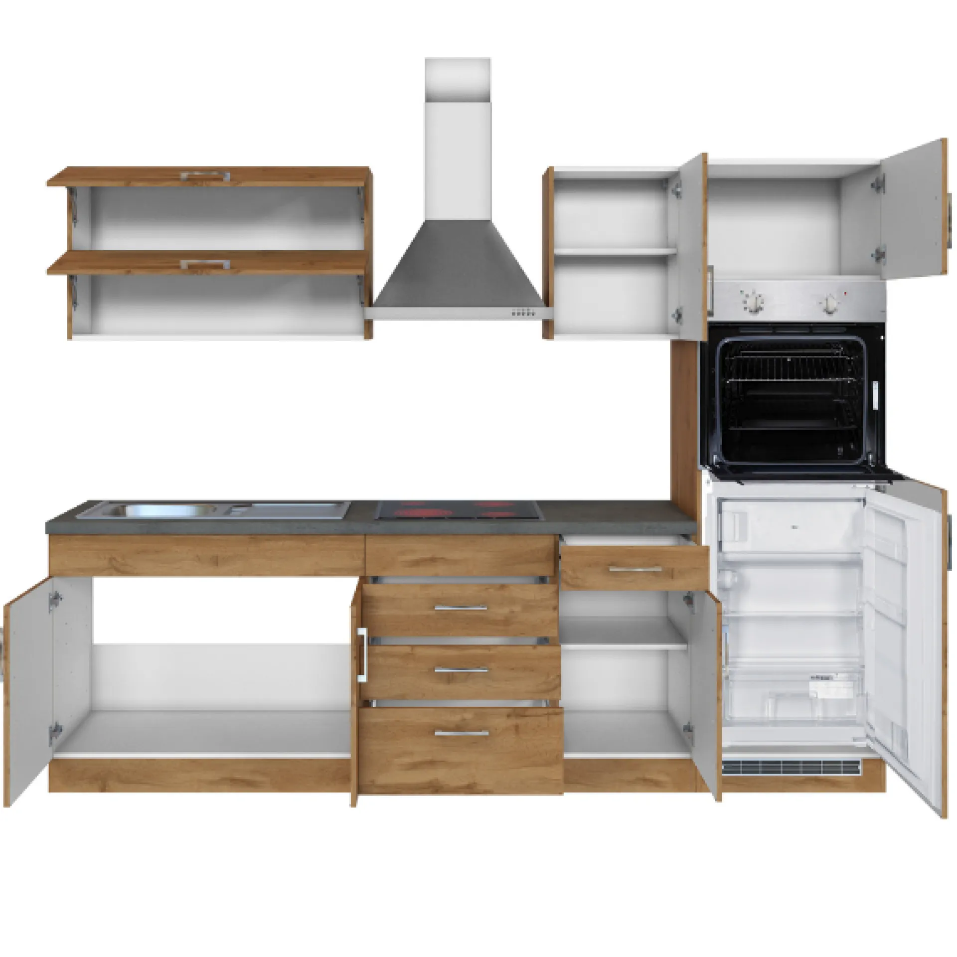 Held Küchenzeile Sorrella 270cm mit Backofen und Kühlschrank - Eiche