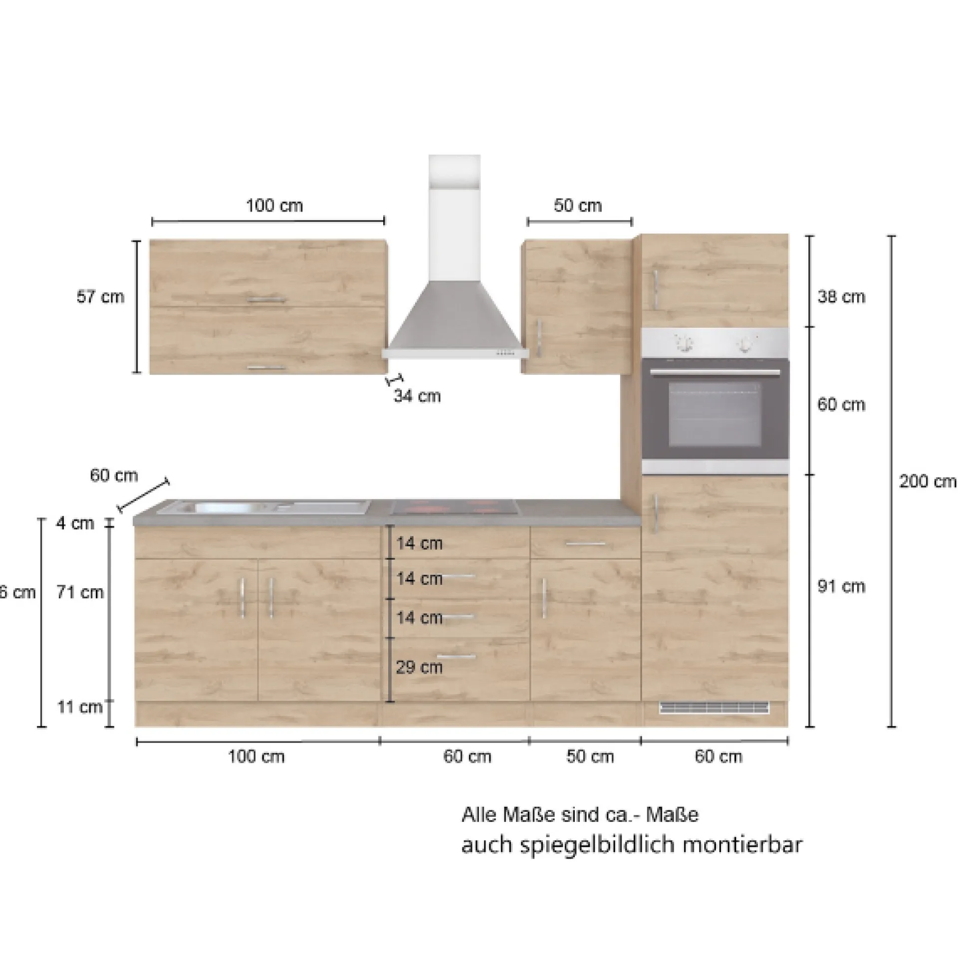 Held Küchenzeile Sorrella 270cm mit Backofen und Kühlschrank - Eiche