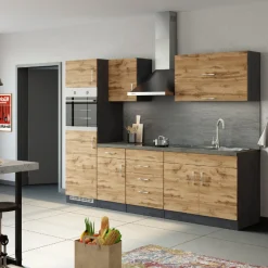 Held Küchenzeile Sorrella 270cm mit Backofen und Kühlschrank - Eiche/Graphit