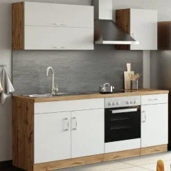 Held Küchenzeile Sorrella 210cm mit eingebautem Backofen - weiß/Eiche