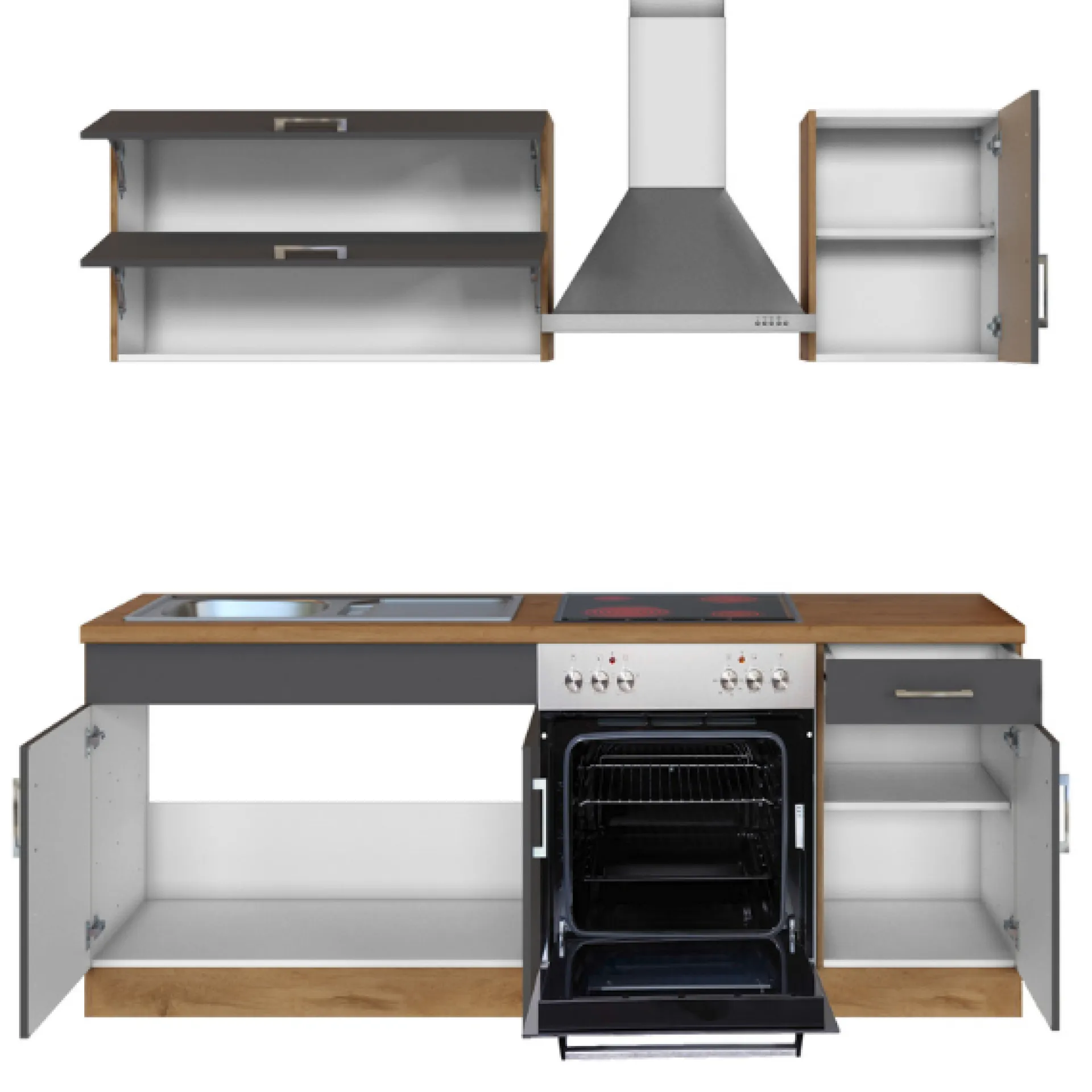 Held Küchenzeile Sorrella 210cm mit eingebautem Backofen - anthrazit/ocker