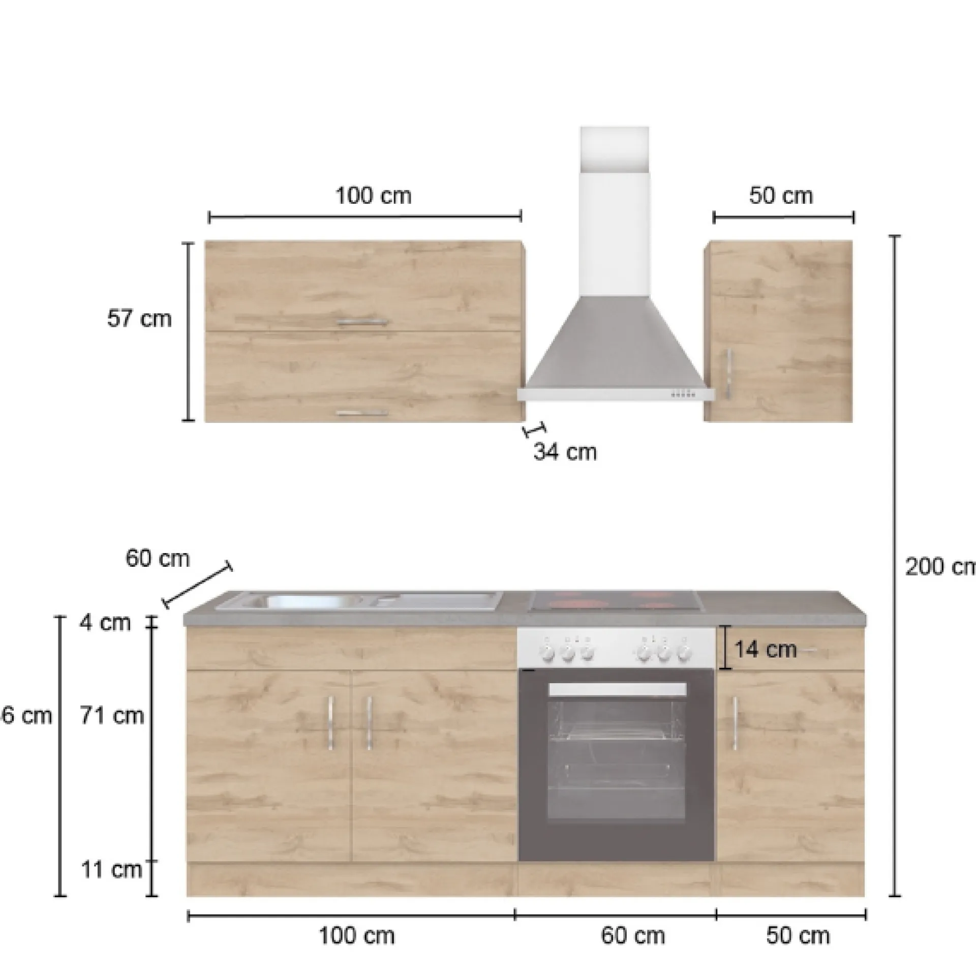 Held Küchenzeile Sorrella 210cm mit eingebautem Backofen - Eiche/Graphit