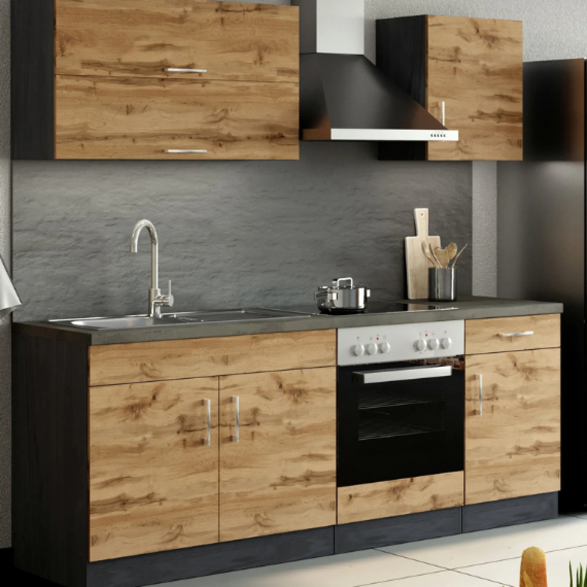 Held Küchenzeile Sorrella 210cm mit eingebautem Backofen - Eiche/Graphit