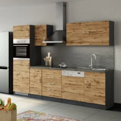 Held Küchenzeile Sorrella 270cm mit Geschirrspüler, Backofen und Kühlschrank - Eiche/Graphit