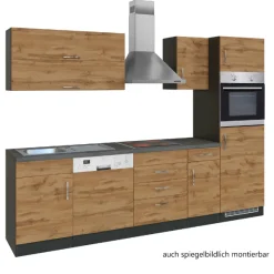 Held Küchenzeile Sorrella 270cm mit Geschirrspüler, Backofen und Kühlschrank - Eiche/Graphit