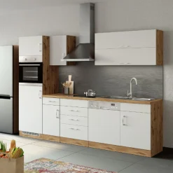 Held Küchenzeile Sorrella 270cm mit Geschirrspüler, Backofen und Kühlschrank - weiß/Eiche