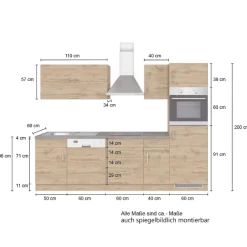 Held Küchenzeile Sorrella 270cm mit Geschirrspüler, Backofen und Kühlschrank - weiß/Eiche