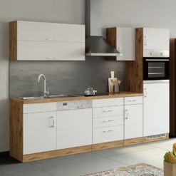 Held Küchenzeile Sorrella 270cm mit Geschirrspüler, Backofen und Kühlschrank - weiß/Eiche