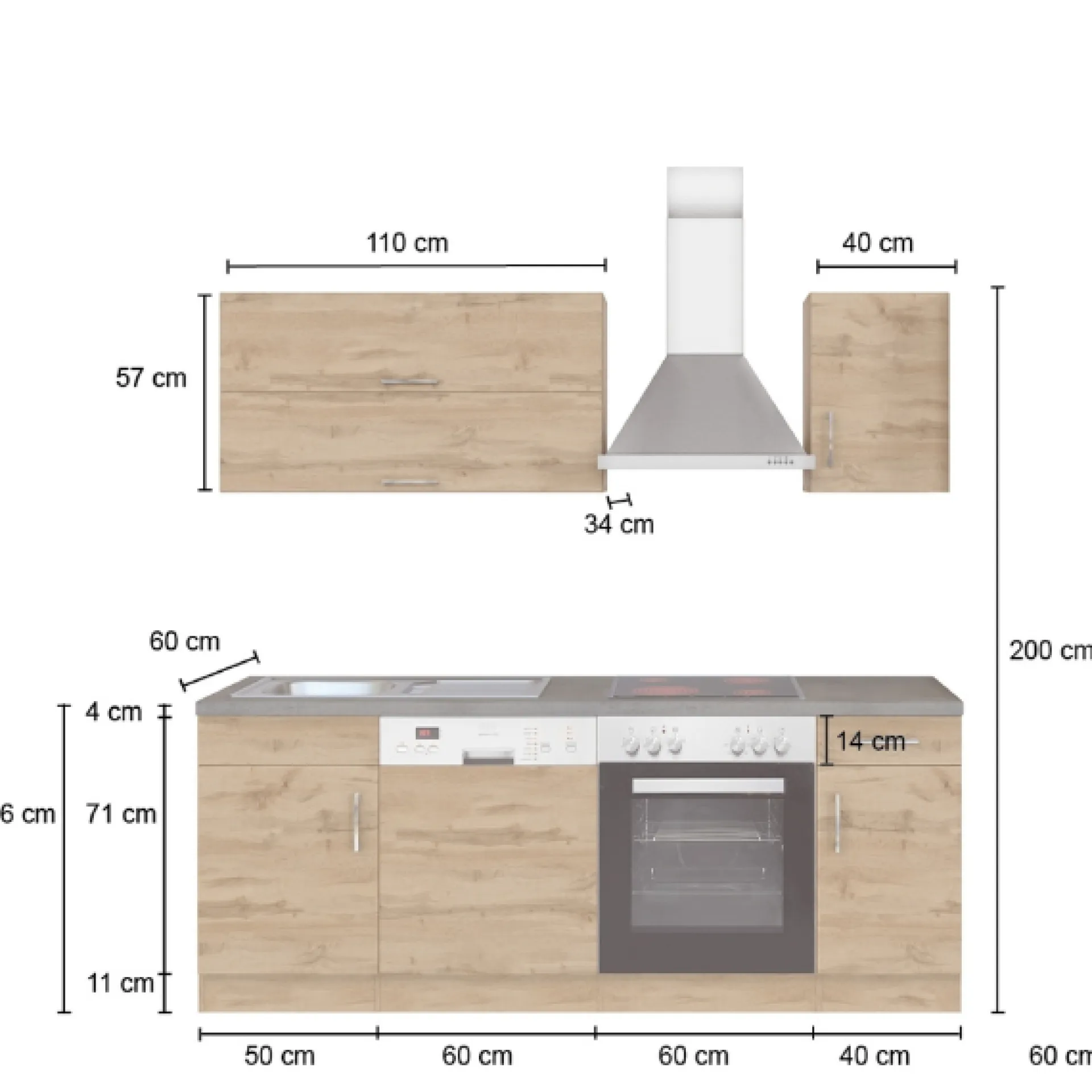 Held Küchenzeile Sorrella 210cm mit Geschirrspüler und Backofen - Eiche/Graphit