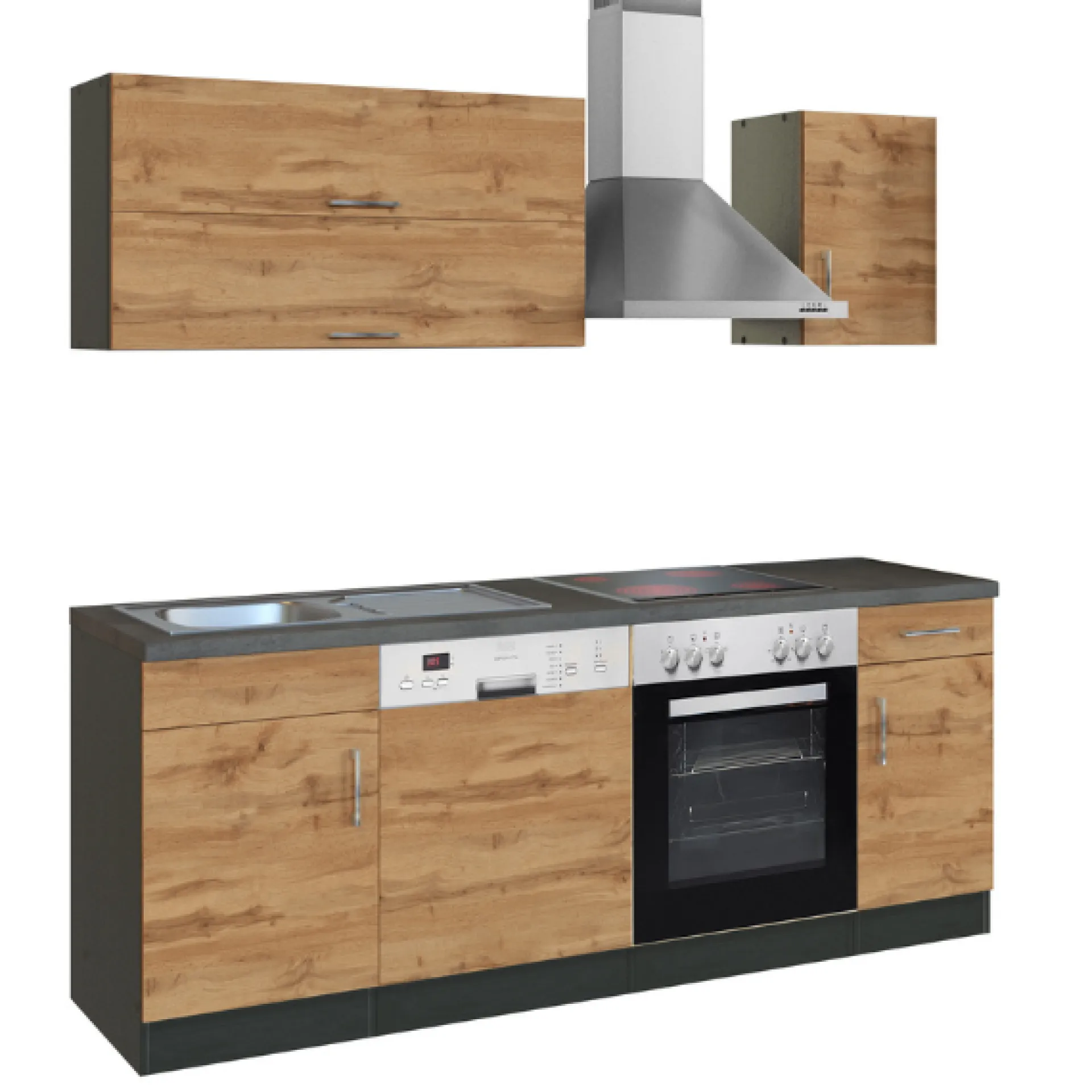 Held Küchenzeile Sorrella 210cm mit Geschirrspüler und Backofen - Eiche/Graphit