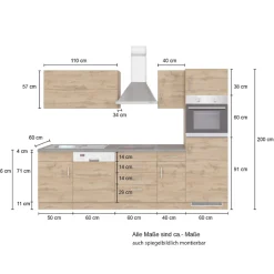 Held Küchenzeile Sorrella 270cm mit Geschirrspüler, Backofen und Kühlschrank - Eiche