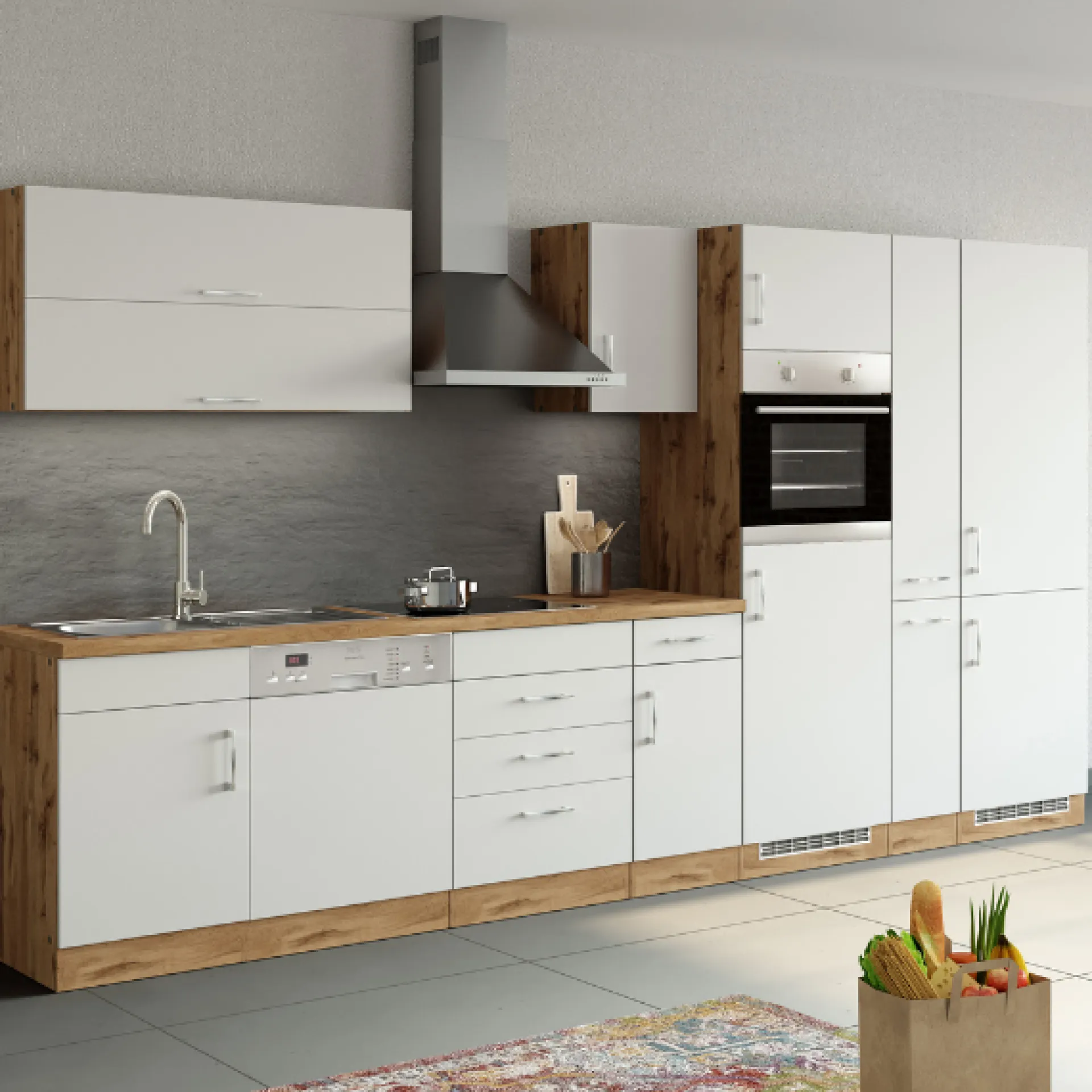Held Küchenzeile Sorrella 360cm mit Geschirrspüler, Backofen, Kühl- und Gefrierschrank - weiß/Eiche