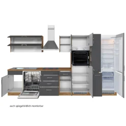 Held Küchenzeile Sorrella 360cm mit Geschirrspüler, Backofen, Kühlschrank und Gefrierschrank - Anthrazit/Eiche