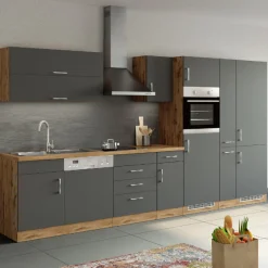 Held Küchenzeile Sorrella 360cm mit Geschirrspüler, Backofen, Kühlschrank und Gefrierschrank - Anthrazit/Eiche