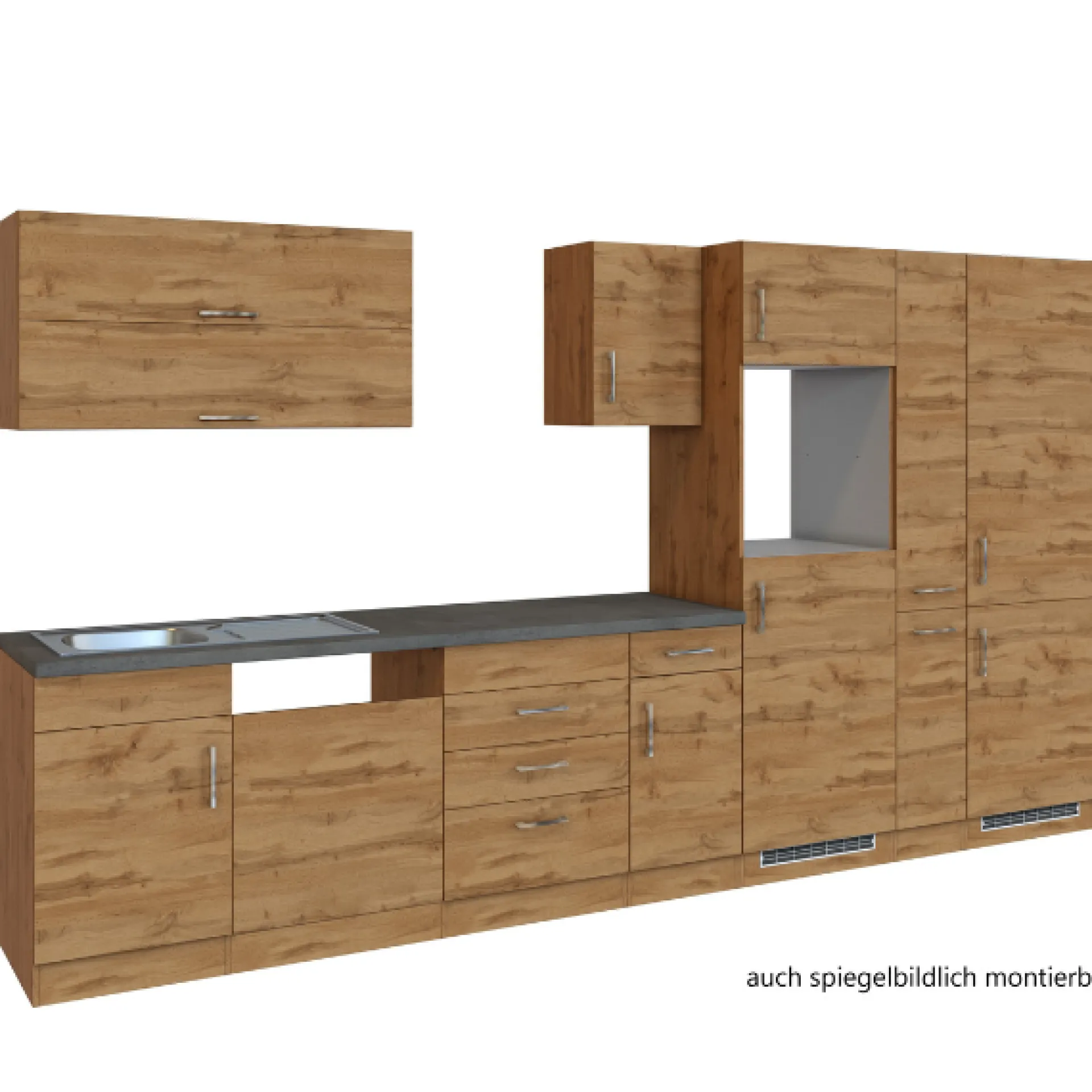Held Küchenzeile Sorrella 360cm mit Geschirrspüler, Backofen, Kühl- und Gefrierschrank - Eiche