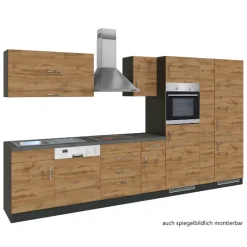Held Küchenzeile Sorrella 360cm mit Geschirrspüler, Backofen, Kühl- und Gefrierschrank - Eiche/Graphit