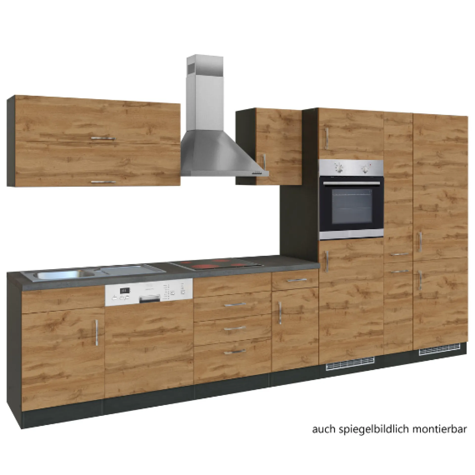 Held Küchenzeile Sorrella 360cm mit Geschirrspüler, Backofen, Kühl- und Gefrierschrank - Eiche/Graphit