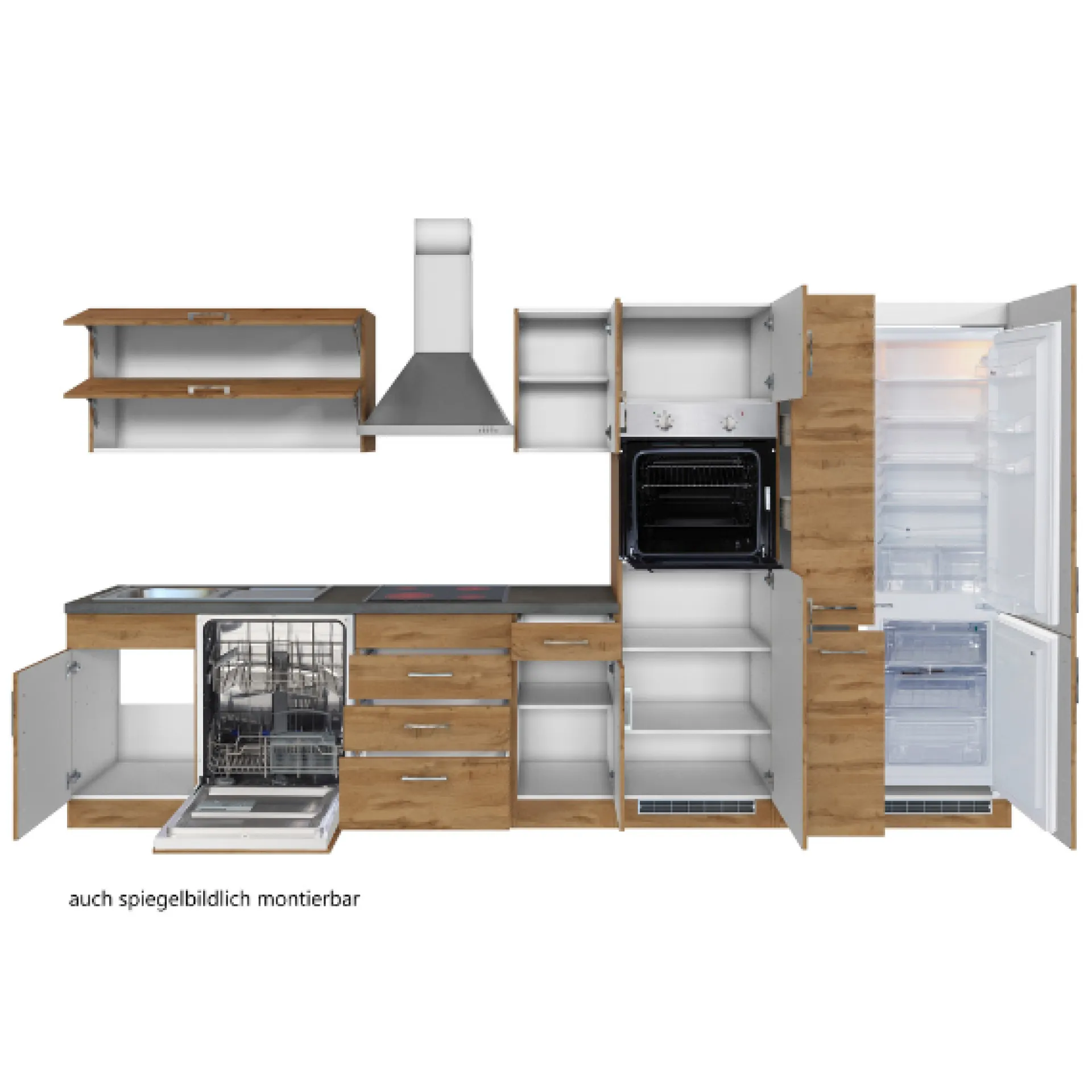 Held Küchenzeile Sorrella 360cm mit Geschirrspüler, Backofen, Kühl- und Gefrierschrank - Eiche/Graphit
