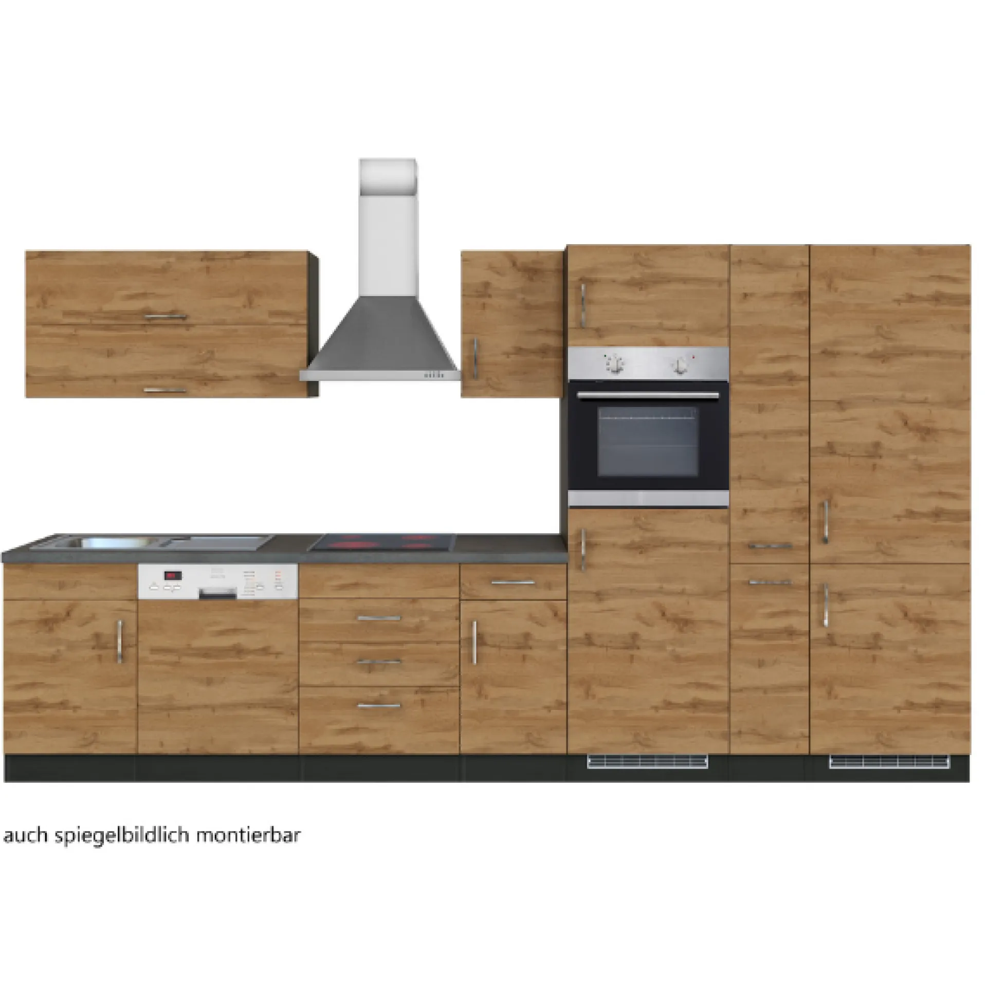 Held Küchenzeile Sorrella 360cm mit Geschirrspüler, Backofen, Kühl- und Gefrierschrank - Eiche/Graphit