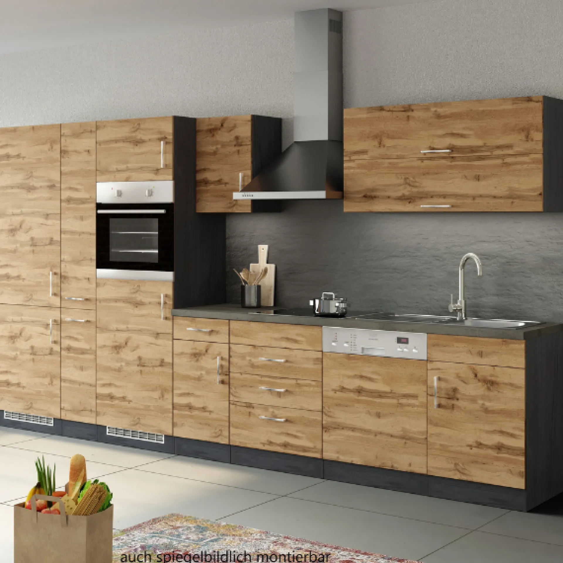 Held Küchenzeile Sorrella 360cm mit Geschirrspüler, Backofen, Kühl- und Gefrierschrank - Eiche/Graphit