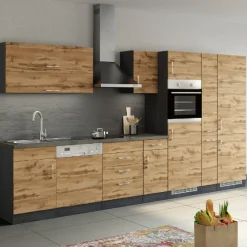 Held Küchenzeile Sorrella 360cm mit Geschirrspüler, Backofen, Kühl- und Gefrierschrank - Eiche/Graphit