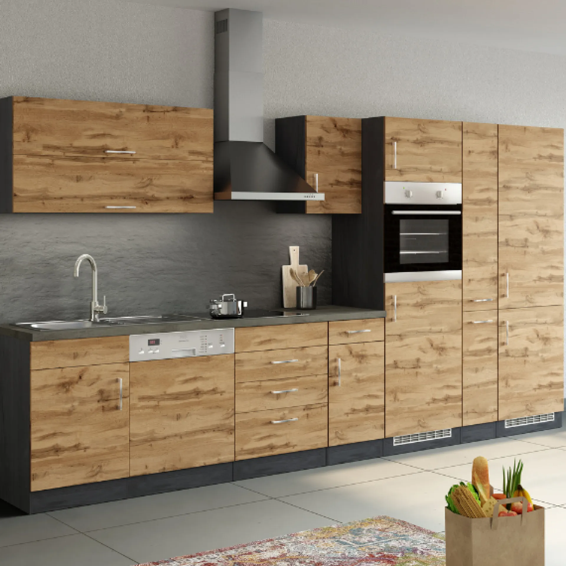 Held Küchenzeile Sorrella 360cm mit Geschirrspüler, Backofen, Kühl- und Gefrierschrank - Eiche/Graphit