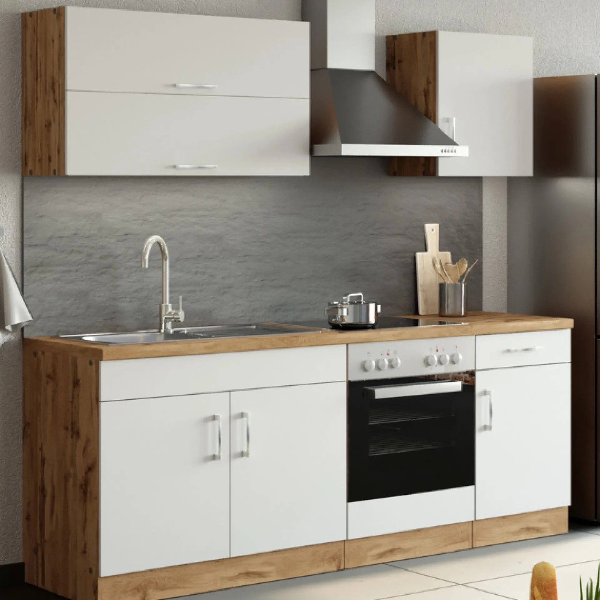 Held Küchenzeile Sorrella 210cm mit Platz für Backofen - weiß/Eiche