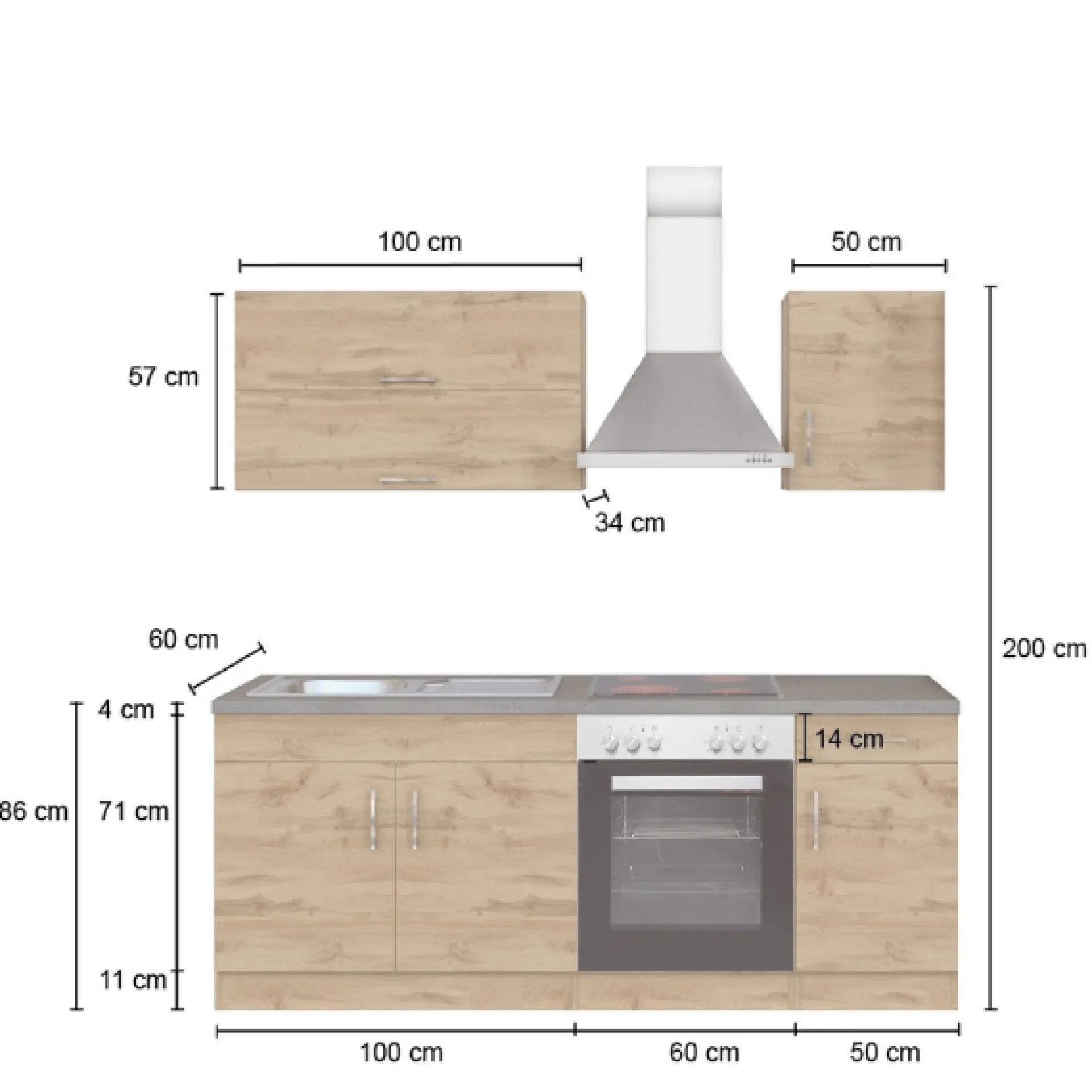 Held Küchenzeile Sorrella 210cm mit Platz für Backofen - weiß/Eiche